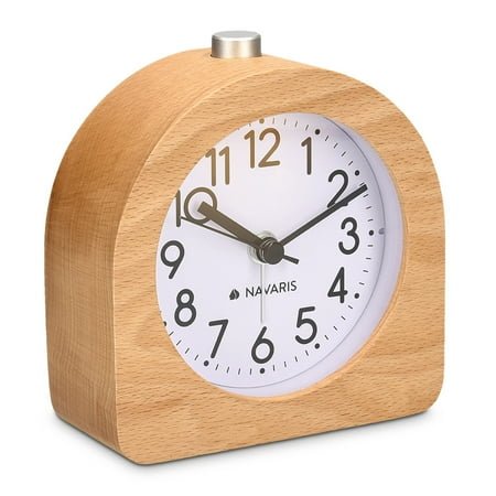 Navaris Wood Analog Alarm Clock - Half-Round Battery-Operated Non-Ticking Clock with Snooze Button and Light - Light Brown