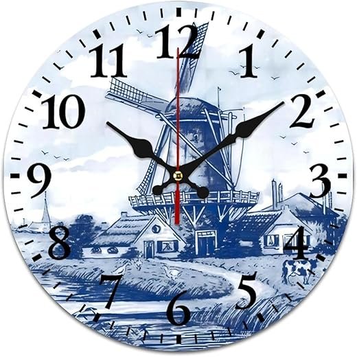 Nederland Cute Vintage Dutch Windmill Delft Blue Silent Wall Clock, Vintage Rustic Decoration Round Wall Clock for Bedroom, Bathroom, Living Room, Home Office(25cm/9.84in)