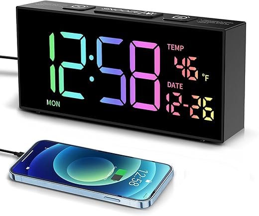 Netzu Alarm Clocks for Bedrooms, Digital Clock with Date Temperature and Weekday, Manual DST, Snooze, 2 Alarms, 4 Volumes Bedside Desk for Living Room Home Bedside Desk (RGB)