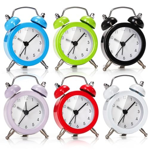 Noamus 6 Pcs Mini Twin Bell Alarm Clock, 2 Inch Loud Alarm, Small Cute Analog Alarm Clock, Vintage Travel Clock with Stereoscopic Dial for Bedroom Decor, Heavy Sleepers(6 Colors)