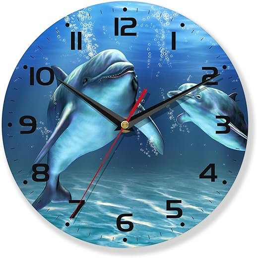 Ocean Wall Clocks,Dolphin Wall Clock Decorative,Ocean Thema Kitchen Wall Clock Battery Operated-10 Inch Round Bathroom Wall Clock Silent Non-Ticking