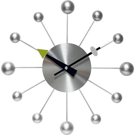 Orb Spoke Midcentury Modern 15 inch Retro Starburst Ball Wall Clock Quiet Quartz Movement Mid Century Modern Decorative (Silver)