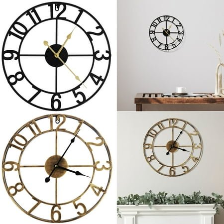 Pcapzz 16In Large Wall Clocks Oversized with Roman Numeral Style Rustic Iron Round Silent Non Ticking Battery Operated Vintage Metal Clock for Indoor Decor,Bronze