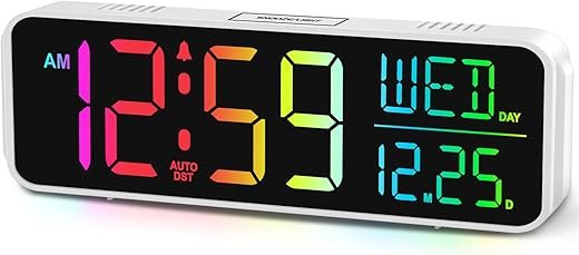 Peakeep Digital Alarm Clock Large Display for Bedrooms with Date Day of Week Temp, Auto DST, RGB Color Changing Desk Clock Electric Plug in for Living Room, Battery Backup, USB Port, 5 Dimmers