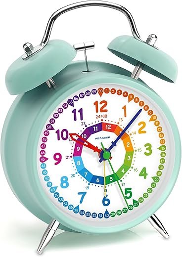 Peakeep Loud Analog Alarm Clock for Kids Learning Telling Time Teaching, 4" Twin Bell Alarm Clock Battery Operated for Heavy Sleepers Adults Teenagers Kids(Aqua)