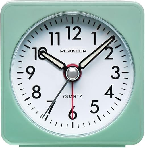 Peakeep Ultra Small, Battery Travel Alarm Clock with Snooze and Light, Silent with No Ticking Analog Quartz (Aquamarine)