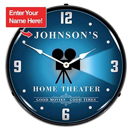 Personalized Custom Home Theater LED Wall Clock, Retro/Vintage, Lighted, 14 inch