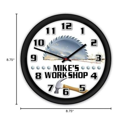 Personalized Workshop Wall Clock - Garage, Shop, Decor Gift, Tools, Saw, Carpenter, Father's Day, Dad, Black Frame