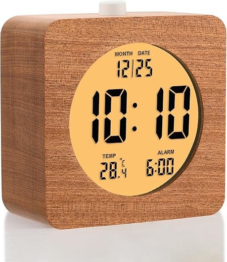 Plumeet Wooden Digital Alarm Clock for Bedrooms, Wood 4'' Battery Powered Alarm Clock with Snooze and Nightlight, Electronic LCD Desk Clock Display Time, Date, Temp, 12/24H, Wood Décor, Square, Sapele