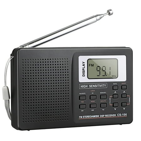 Portable Radio, DISEN Digital Stereo Radio World Full Band Radio Receiver with Great Reception and Alarm Clock, Handheld Transistor Radio for Walking, Camping, Jogging, Black