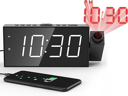 Projection Digital Alarm Clock for Ceiling,Wall,Bedroom - FM Radio,7” Large Number & 5 Dimmers,350°Projector,USB Charger,Sleep Timer,Plug in & Battery Backup,Loud Dual Alarm Clock for Heavy Sleepers