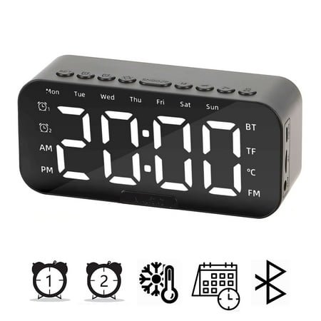 PULLIMORE Multifunction Digital Smart Alarm Clock, Wireless Bluetooth Speaker with Stereo Subwoofer Support Hands-Free Calling (Black)