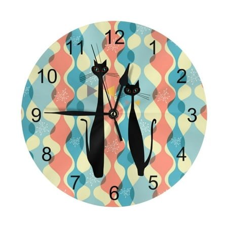 Retro Atomic Era Mid Century Modern Cool Cat Wall Clock - 10 Inch Silent Non-Ticking Wall Clocks -Country Retro Rustic Style Decorative For Living Room Kitchen Home Bathroom Bedroom