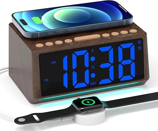 Retro Digital Alarm Clocks for Bedrooms with Large Numbers, Desk Clock with Wireless Charging Station, 7 Mood Lights, Dimmer, Snooze, 12/24H, Loud Alarm Clock for Heavy Sleepers Adults, Vintage Décor