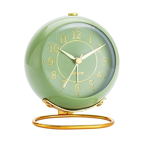 rjuwurv Metal Desk Clock, Retro Bedroom Table Vintage Analog Alarm Clock, Silent Non-Ticking Gold Clock, Bedside Décor(Olive-Green)