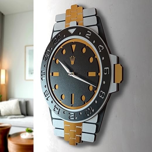 Rolex Themed Wall Clock Wrist Watch Appearance, Large Analog Silent Clock, Modern Wall Clock, Large Wooden Clock, Battery Operated Wood Wall Clock. (Style-1)