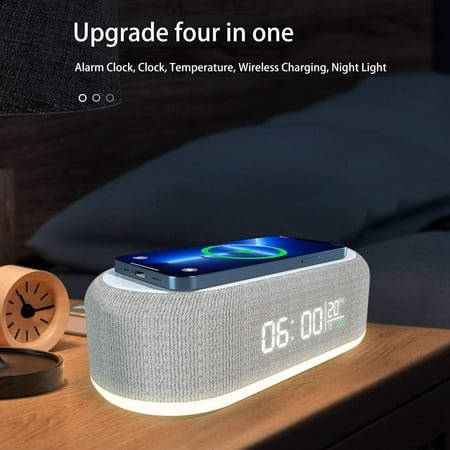 Sandistore Tooth Portable Speaker Wireless Charging Desk Clock With Alarm Night Light & Temperature Gauge 4 In 1 Pillar Pod Speakers