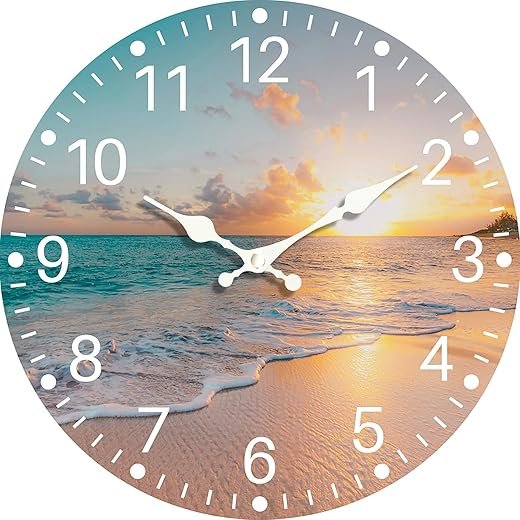 Sea Beach Blue Sky Sand 8 Inch Wooden Wall Clock - Silent Non-Ticking Battery Operated Decorative Clock for Kitchen, Home, Bedroom, and Office