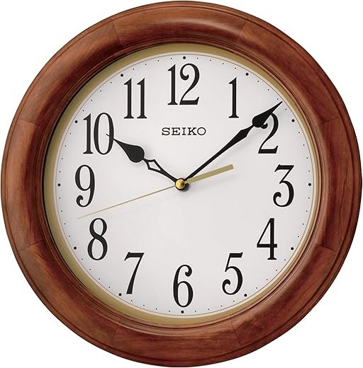 SEIKO 12 Inch Round Wood Classic Wall Clock, White,Brown