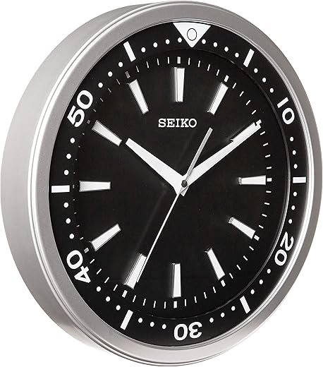 Seiko 14 Inch Watch Face Inch Wall Clock, Black & Silver Tone with Quiet Sweep