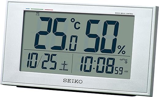 Seiko Clock BC417S Table Clock, Alarm Clock, Radio Controlled, Digital, Calendar, Comfort, Temperature and Humidity Display, Silver Metallic, Product Size: 3.3 x 5.8 x 2.1 inches (8.5 x 14.8 x 5.3 cm)