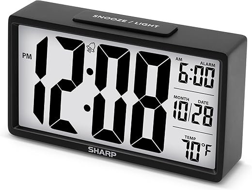 SHARP Alarm Clock with Easy to Read 2.8'' Jumbo Screen with Indoor Temperature, Nightlight, Calendar, Battery Operated Digital Clock for Bedrooms or Travel, Black (SPC5026AMZ)