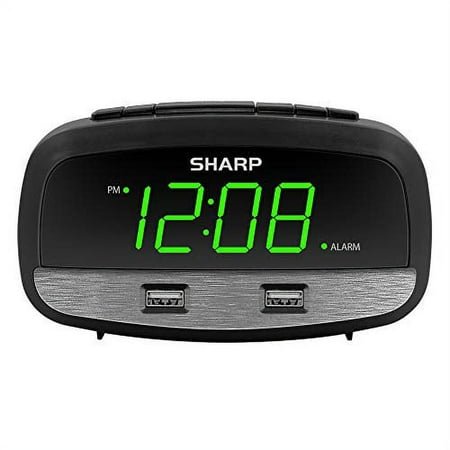 Sharp Digital Electrical Powered Alarm Clock Dual USB Fast Charge USB Ports – Green LED Display Black Case