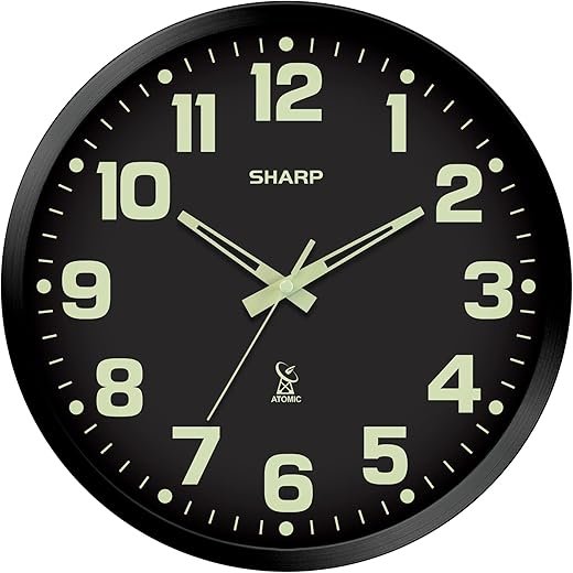 Sharp Glow in The Dark Atomic Analog Wall Clock - 12" Clock with Black Frame - Sets Automatically - Battery Operated - Easy to Read - Easy to Use – See Day or Night!