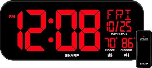 Sharp Large Oversized Screen LED Clock with Outdoor/Indoor Temperature with Outdoor Sensor, with Date and Day of Week – 14 inch Clock with 4 inch Digits