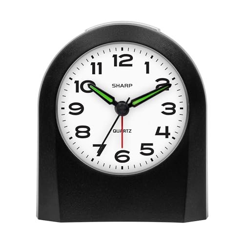 Sharp Small Battery Operated Analog Alarm Clock Silent No Ticking, Lighted on Demand and Snooze, Beep Sounds, Gentle Wake, Ascending Alarm, Black