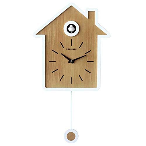 SHISEDECO Modern Cucu Wall Clock with Pendulum and Striking Small Cute Bird, Natural Cuckoo Call, Simple Fashion Wood Creative Unique Home Decoration for Living Room, Kitchen, Office (White)