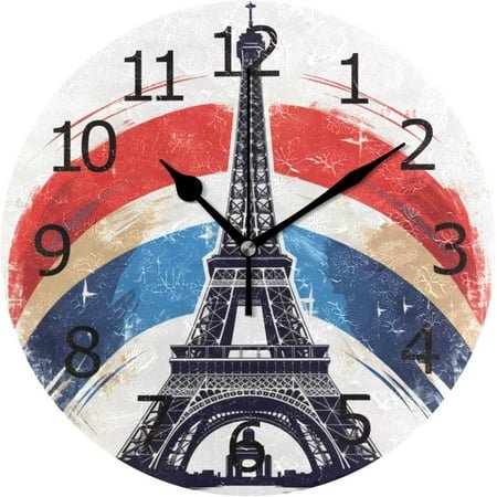 Shukong Non-Ticking Silent Round Wall Clock, Silhouette Eiffel Tower on French Flag Decor Clock for Home School Kitchen Bedroom Living Room