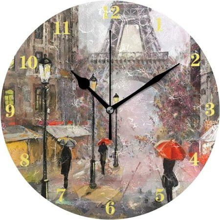 Shukong Silent Round Wall Clock Battery Operated Street View of Paris Eiffel Tower Acrylic Creative Decorative Wall Clock for Kids Living Room Bedroom Office Kitchen Home Decor