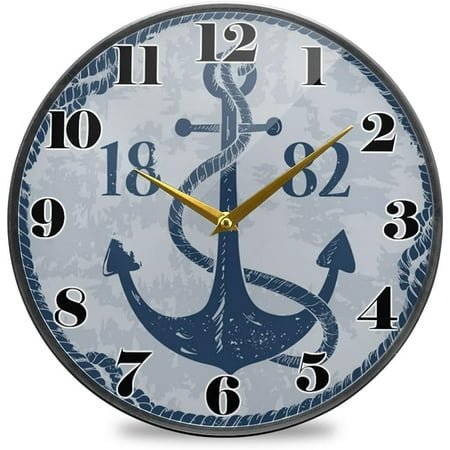 Shukong Vintage Nautical Emblem with Anchor On Striped Background Wall Clock Battery Operated Silent Non Ticking Clocks for Living Room Decor 12 Inch / 9.5 Inch