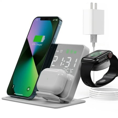 SIKAI CASE 3 in 1 Charging Station for iPhone,3 in 1 Alarm Clock Wireless Charging Station for15/14/13/12/11/Pro/Pro Max/Plus,iWatch 9/8/7/6/5/4/3,Airpods 3/2/Pro(White）