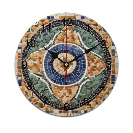 Silent Wall Clock 25cm/9.84in Round Wall Clock Mediterranean Style Mosaic Around Hanging Clock for Home Living Room Bedroom Kitchen Non Ticking Battery Operated Living Room Mute Clock