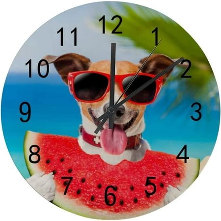 SKYSONIC Silent Wooden Round Wall Clock Jack Russell Dog Eating a Fresh Watermelon Non Ticking Battery Operated Clocks for Home Office Living Room Bedroom