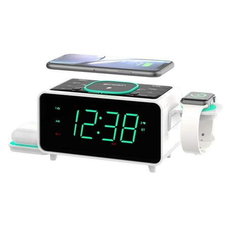 SmartSet Multiple Wireless Charging, Dual Alarm Clock Radio, Bluetooth Speaker, USB Charger, 1.4 Cyan LED Display