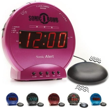 Sonic Bomb Dual Alarm Clock with Bed Shaker, Pink Vibrating Alarm Clock for Heavy Sleepers, Battery Backup | Wake with a Shake