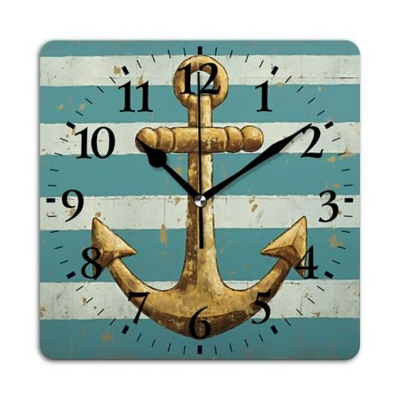 Square Wall Clock,Vintage Nautical Anchor On Ocean Blue And White Striped BackgSquare,Silent Non-Ticking Wall Clock Decor for Home Office Kitchen Living Room Bedroom(10inch)