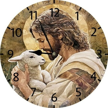 SRongmao Jesus Wall Art Jesus and Lamb Wall Clock Vintage Wooden Battery Operated Non Ticking 10 inch Clock Silent Art Rustic Wood Clock for Home Bedroom Kitchen Office