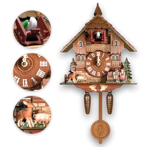 STRONGBERRY Brown Handcrafted Cuckoo Wall Clock with Silent Movement, with Pendulum and Chiming Function, Classic Vintage Wooden Design, 18.11 x 9.84 x 3.94 inches, Newly Wood Decorative Wall Clock