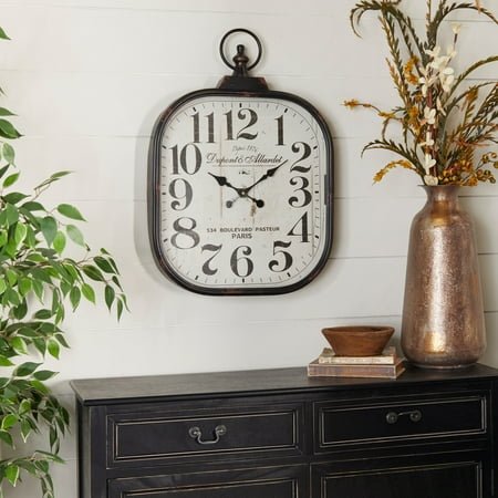 Studio 350 Black Metal Distressed Pocket Watch Style Decorative Wall Clock with Ring Finial