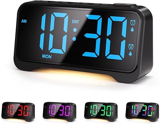 Super Loud Alarm Clock for Bedrooms, Digital Clock Large Display with Night Light,RGB Digits,Weekend/Weekday Mode, Dimmer, Snooze, 12/24H, DST, Battery Backup for Heavy Sleepers, Kids, Adults (Black)