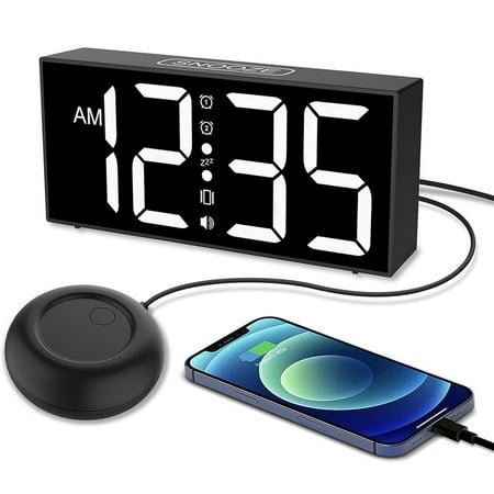 Super Loud Dual Alarm Clock with Bed Shaker, Vibrating 7.5’’ Large Display, USB Dimmer Snooze White