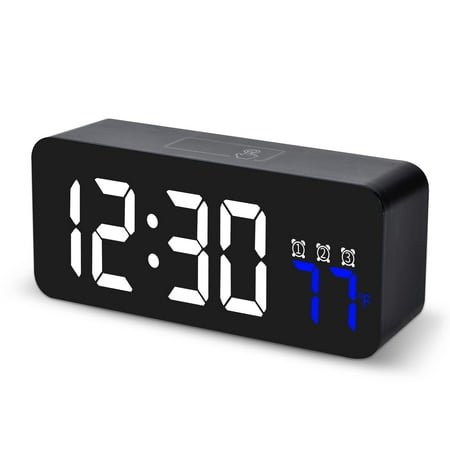 SZELAM Digital Alarm Clocks Bedside with Temperature Display Snooze Brightness Voice Control, 12/24hr, USB Battery Powered LED Alarm Clock with 3 Alarms for Bedside Bedroom Office Travel, Black