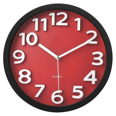 TC62127R Contemporary Wall Clock with Raised Contrasting Numerals and Silent Sweep Quiet Movement, 13, Red/Black