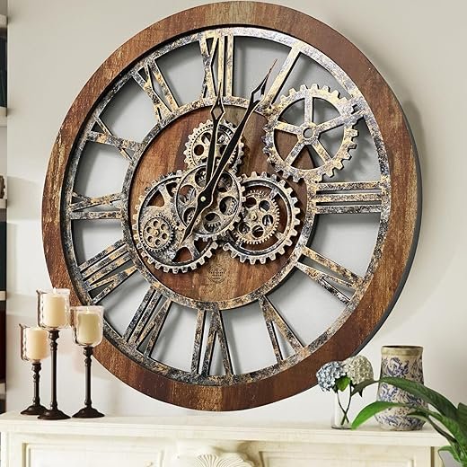 The Gears Clock The Original Real Moving Gear Wall Clock Vintage Industrial Oversized Rustic Farmhouse (24 inch (60cm), Vintage Brown)