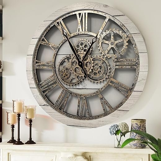 The Gears Clock The Original Real Moving Gear Wall Clock Vintage Industrial Oversized Rustic Farmhouse (24 inch (60cm),White Farmhouse)