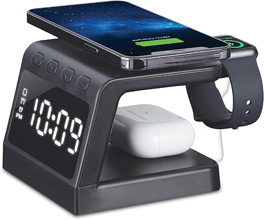 Timex Alarm Clock with Fast Wireless Charging Station for iPhone and AirPods - Black (TWW30B)